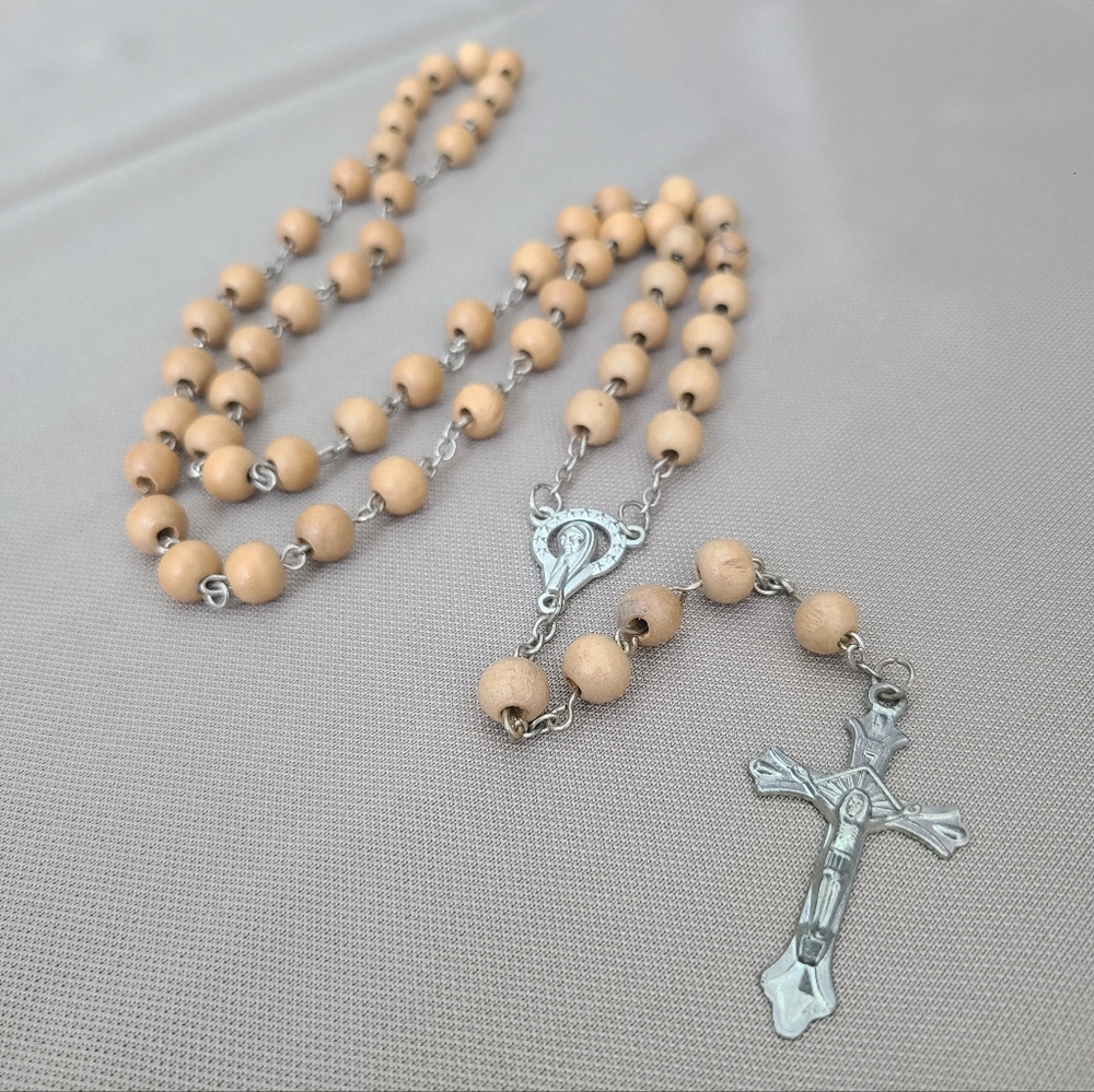 Classic Beige Wooden Rosary Necklace with Silver Crucifix